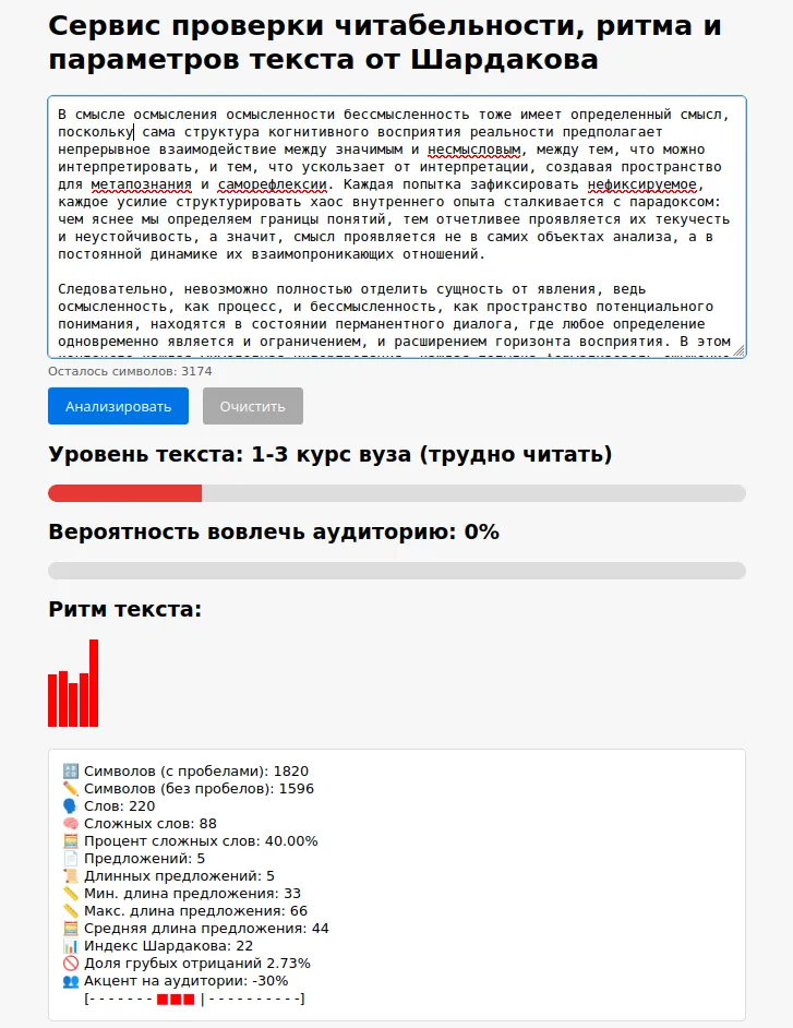 Сервис динамически строит графики и выводит наглядные шкалы, которые упрощают восприятие результатов анализа.