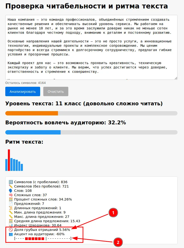 Модульное добавление двух новых функций: оценки доли грубых отрицаний и степени эгоизма в тексте.